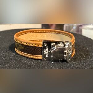 Designer Inspired Monogram Logo Brown/Tan Leather Bracelet w/Gold Tone Clasp